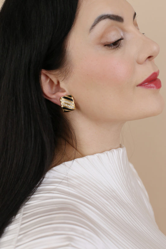 Cosima Vintage Black Enamel Pavé Clip Earrings
